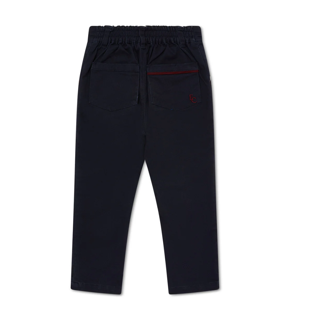 BOYS ELASTICATED WAIST CHINO TROUSERS - NAVY WITH BURGUNDY TRIM | ELEANOR CHARLES