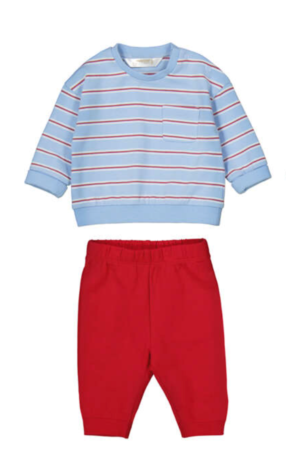 Mayoral Children's outfit with blue and red striped sweater and red trousers