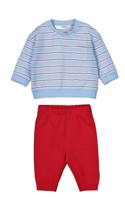 Mayoral boys nautical stripe 2-piece set — front flat lay showing a sky blue cotton pullover with horizontal nautical stripes in red and white, small chest patch pocket, ribbed round neckline, ribbed cuffs and ribbed hem; paired with bold solid red elasticated waist joggers with relaxed tapered leg