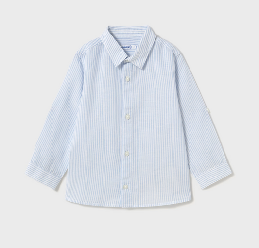 Light blue and white striped shirt. BOYS LONG SLEEVE BLUE COTTON & LINEN STRIPE SHIRT WITH COLLAR | MAYORAL 