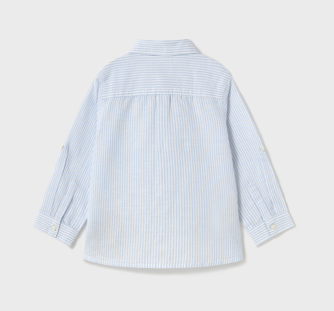Back view of a light blue and white striped shirt. BOYS LONG SLEEVE BLUE COTTON & LINEN STRIPE SHIRT WITH COLLAR | MAYORAL 