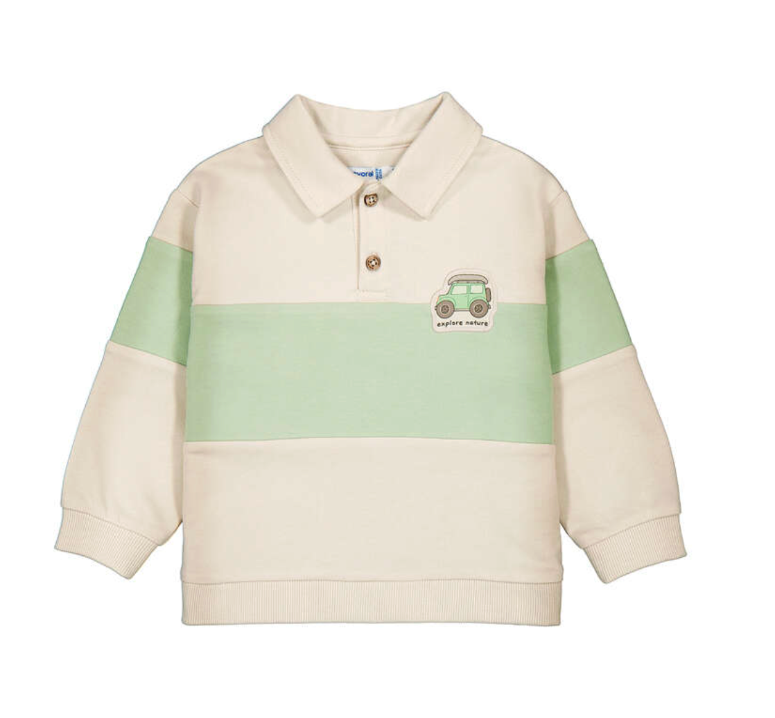 Boys Children's polo shirt with colour. Green and beige colour block design on a white background