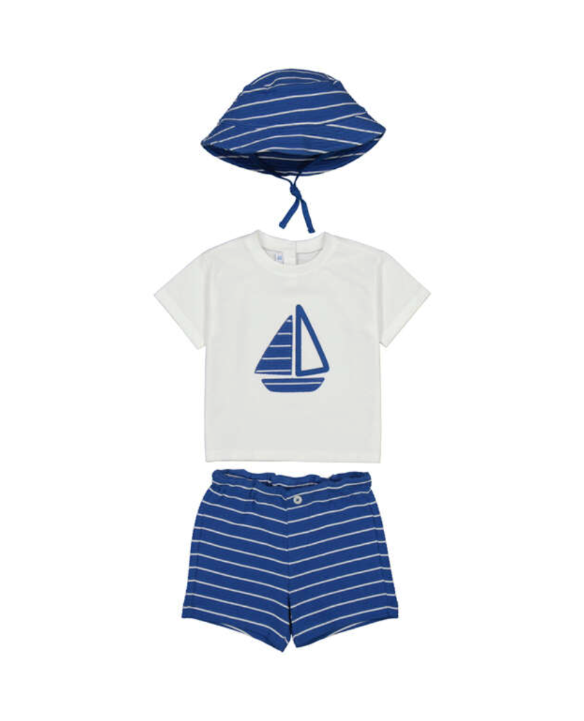 Boys Mayoral Children's outfit with t-shirt, shorts, and hat featuring a sailboat design on a white background.
