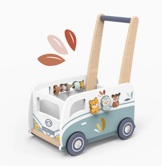 Children's wooden toy camper van walker with wheels and a handle 