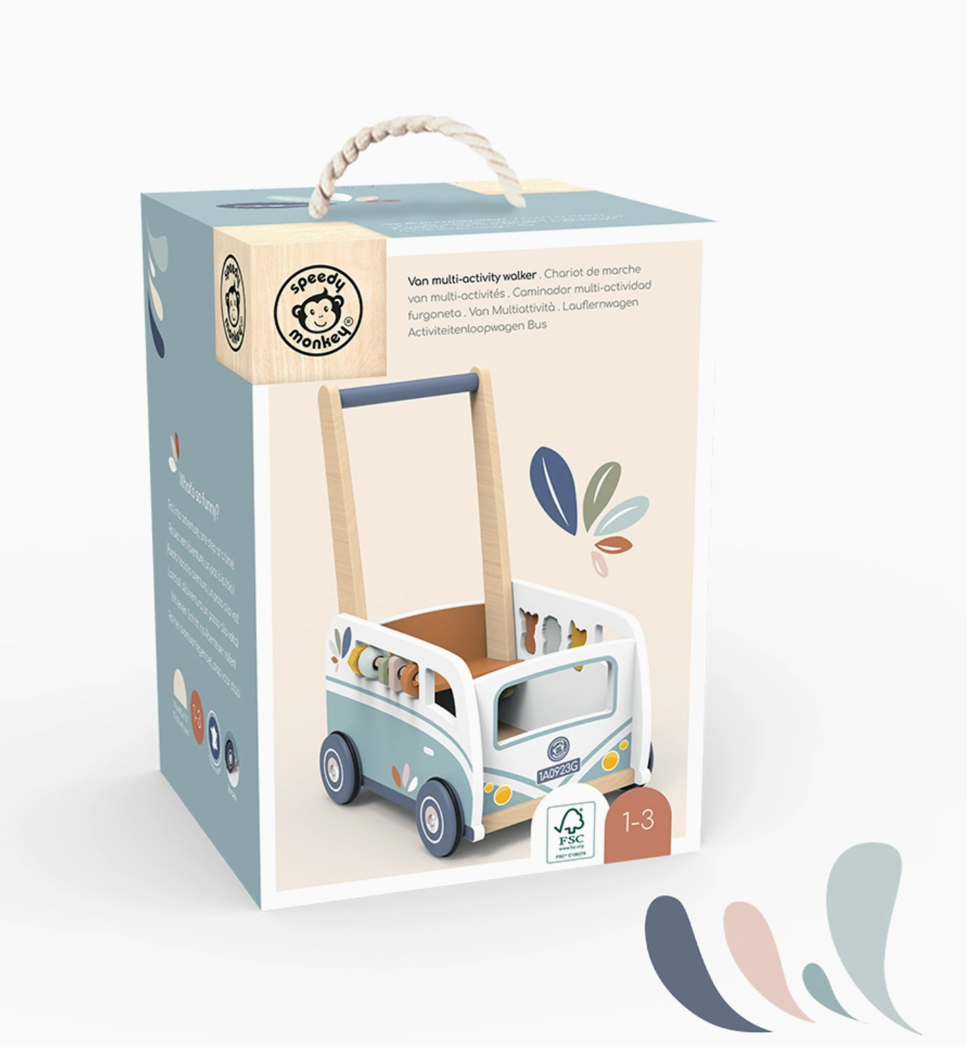 Children's wooden toy car camper van walker with packaging on a white background. CAMPER VAN MULTI ACTIVITY WOODEN WALKER | SPEEDY MONKEY 