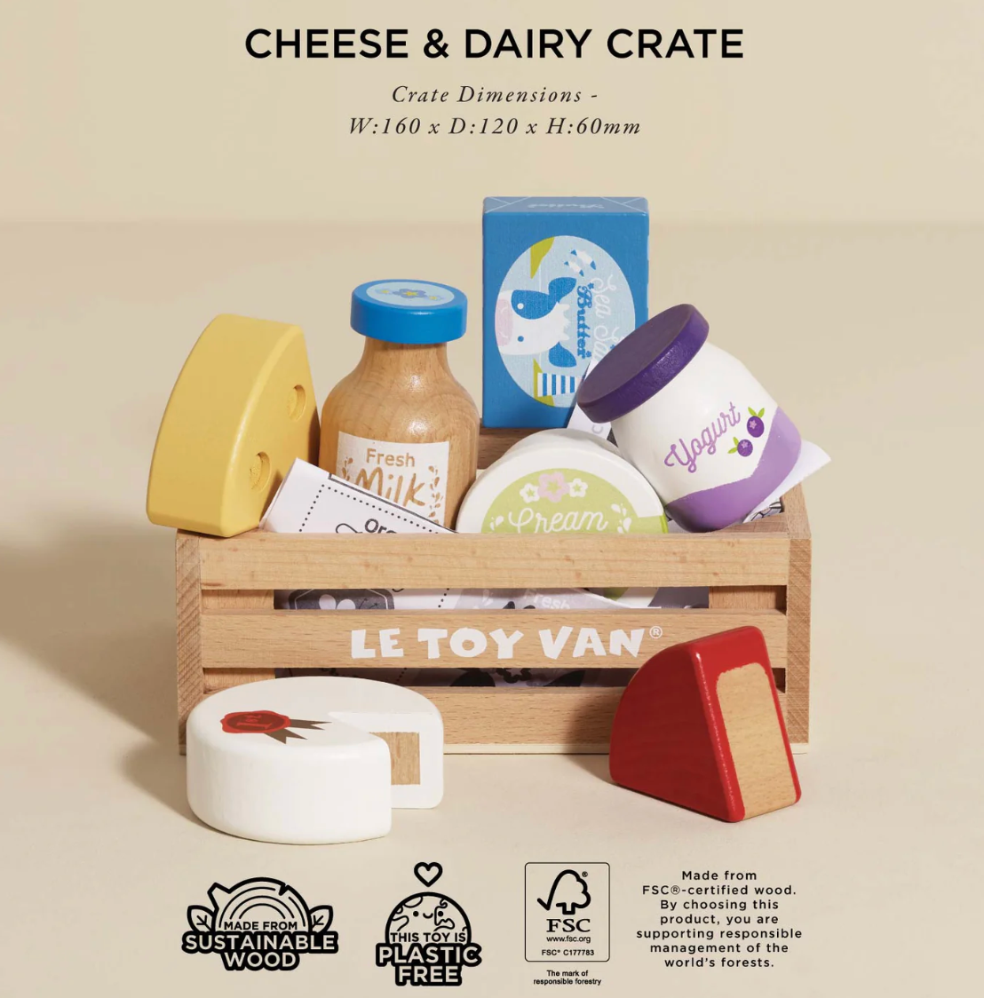 LE TOY VAN cheese and dairy crate with toy food items on a beige background. CHEESE & DAIRY WOODEN TOY MARKET CRATE | LE TOY VAN