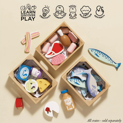 Wooden toy set with various shapes and colors on a beige background, featuring icons labeled 'Learn', 'Discover', 'Play'. CHEESE & DAIRY WOODEN TOY MARKET CRATE | LE TOY VAN