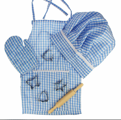 Blue and white checkered apron with matching hat, oven mitt, and cookie cutters. CHEF'S DRESS-UP SET & ACCESSORIES - BLUE GINGHAM | BIGJIGS