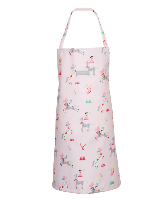 Children's apron with colorful pattern on a white background. CHILDREN'S APRON - FAIRGROUND PONIES  | SOPHIE ALLPORT