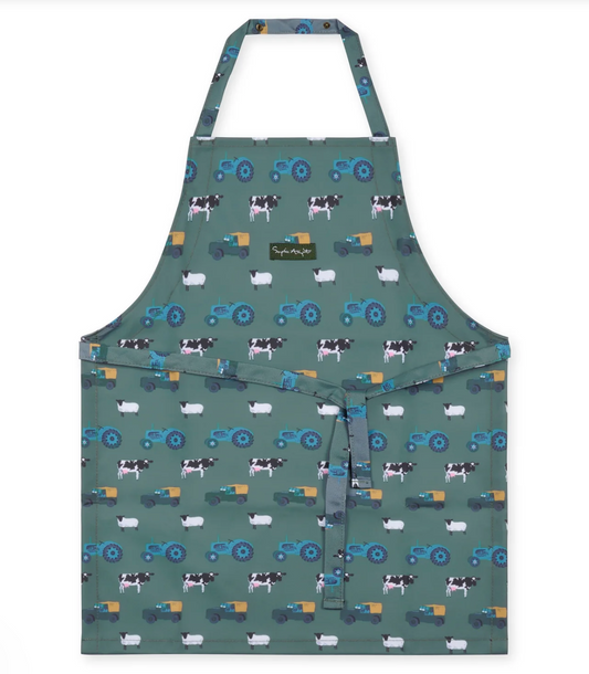 Green apron with farm animal pattern on a white background. CHILDREN'S APRON - ON THE FARM | SOPHIE ALLPORT
