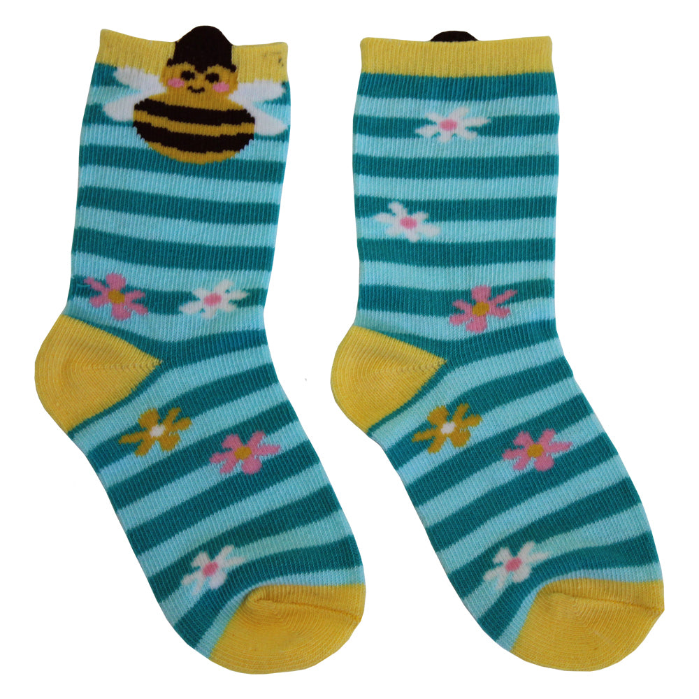 Pair of children's socks with bee and floral pattern. CHILDREN'S BEE & BLUE STRIPE SOCKS - 3 SIZES | POWELL CRAFT
