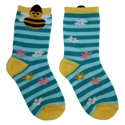 Pair of children's socks with bee and floral pattern. CHILDREN'S BEE & BLUE STRIPE SOCKS - 3 SIZES | POWELL CRAFT