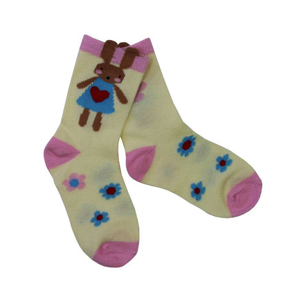 Colorful children's socks with cartoon character and floral patterns on a white background. CHILDREN'S BUNNY RABBIT & DAISY SOCKS - 3 SIZES | POWELL CRAFT