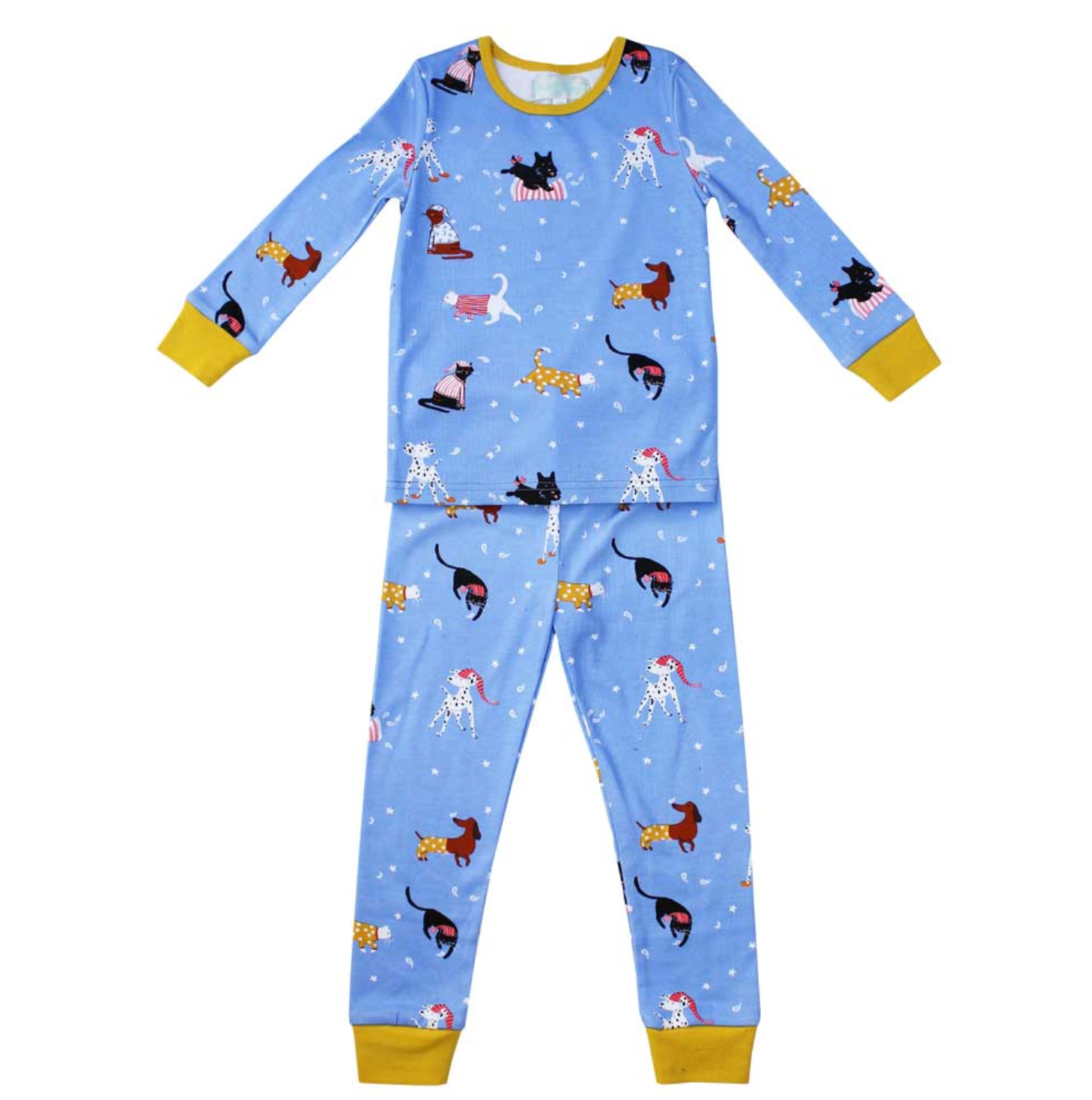Children's pajama set with dog pattern on a blue background. CHILDREN'S CAT & DOG PRINT COSY COTTON KNIT PYJAMAS | POWELL CRAFT