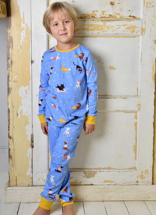 Boy aged approximately four to five years with medium-length straight blonde hair wearing Powell Craft cat and dog print cotton jersey pyjamas; standing leaning casually against a rustic white painted panelled door with peeling paint and visible iron hinges; relaxed smile looking directly at camera; full head-to-toe view showing the complete pyjama set including the round-neck long-sleeve top with mustard yellow neckband and cuffs and the long trousers with mustard yellow ankle cuffs; cornflower blue fabric