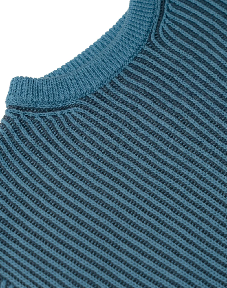 Close-up of a blue ribbed sweater collar and sleeve. CHILDREN'S CHUNKY KNIT CLASSIC JUMPER | ELEANOR CHARLES