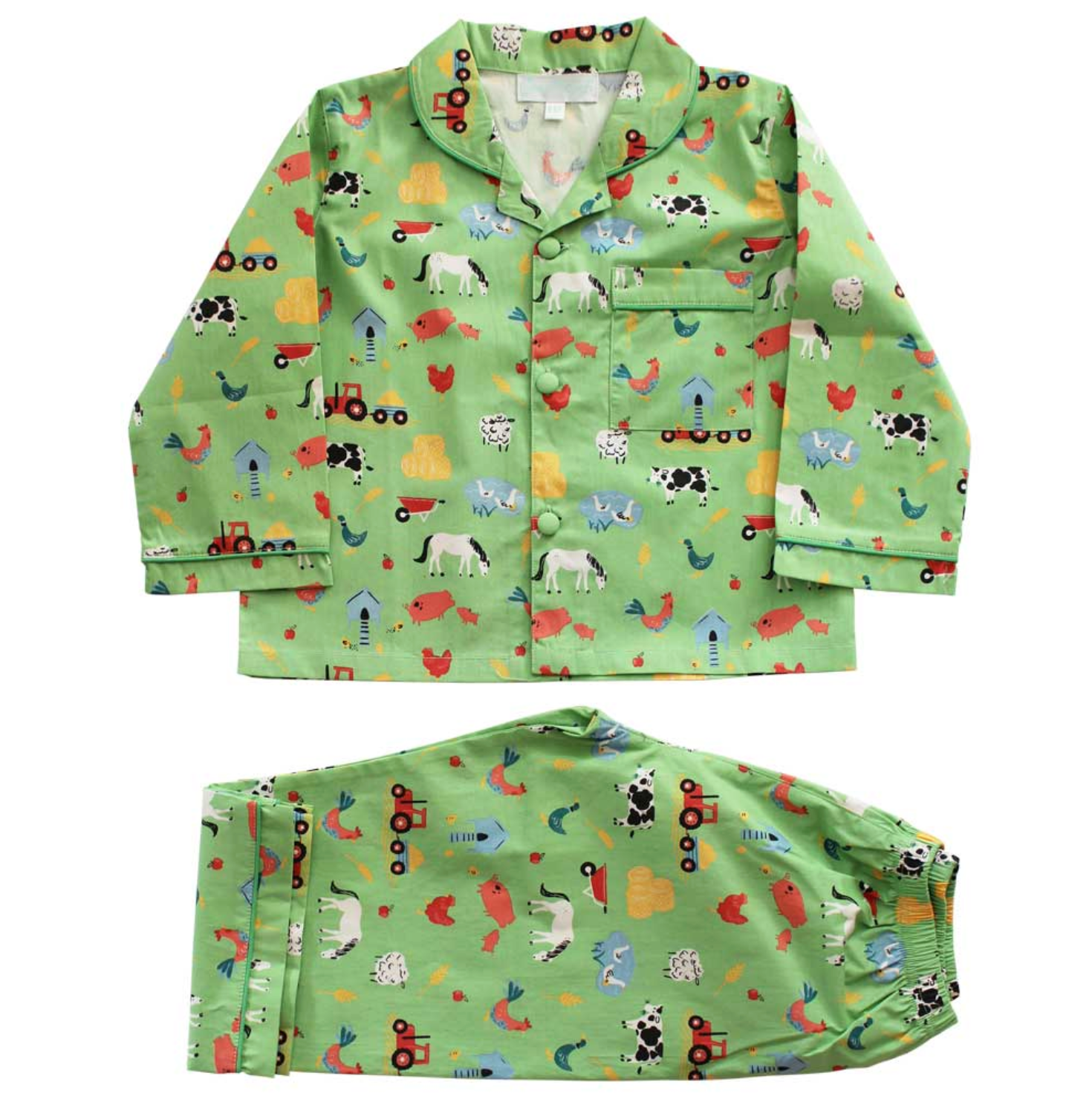 Children's pajama set with farm animal pattern on a green background. CHILDREN'S CLASSIC BUTTON UP FARMYARD PYJAMAS | POWELL CRAFT