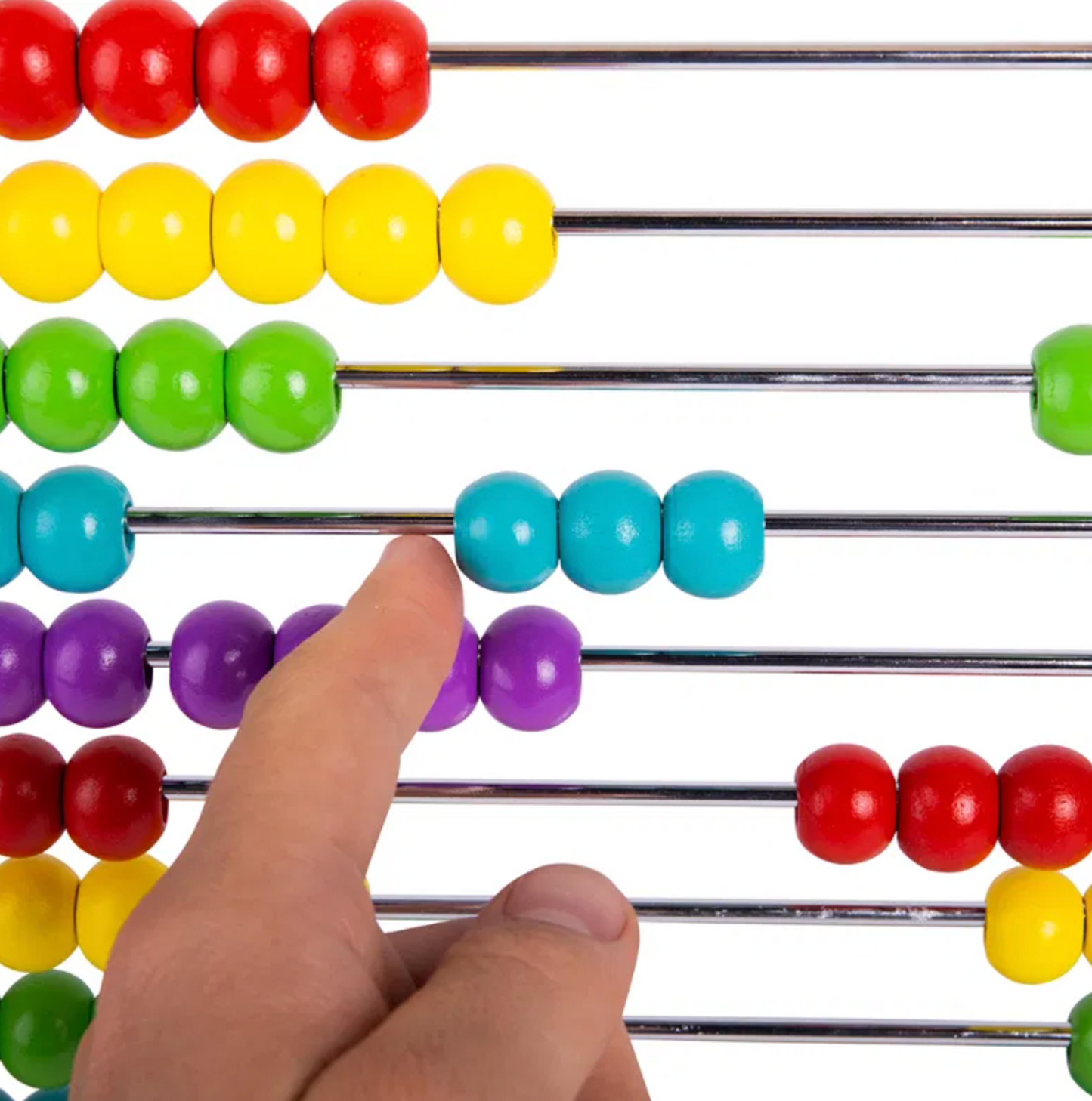 bigjigs Colorful childrens educational toy abacus with wooden frame with a hand interacting with the beads. CHILDREN'S CLASSIC COLOURFUL WOODEN ABACUS | BIGJIGS