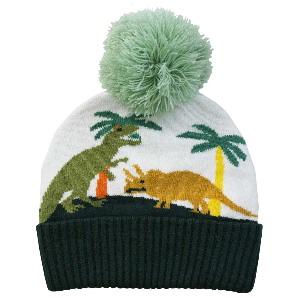 Knitted beanie with dinosaur design and green pom-pom. CHILDREN'S DINOSAUR KNITTED HAT WITH POM-POM | POWELL CRAFT