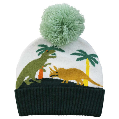 Knitted beanie with dinosaur design and green pom-pom. CHILDREN'S DINOSAUR KNITTED HAT WITH POM-POM | POWELL CRAFT