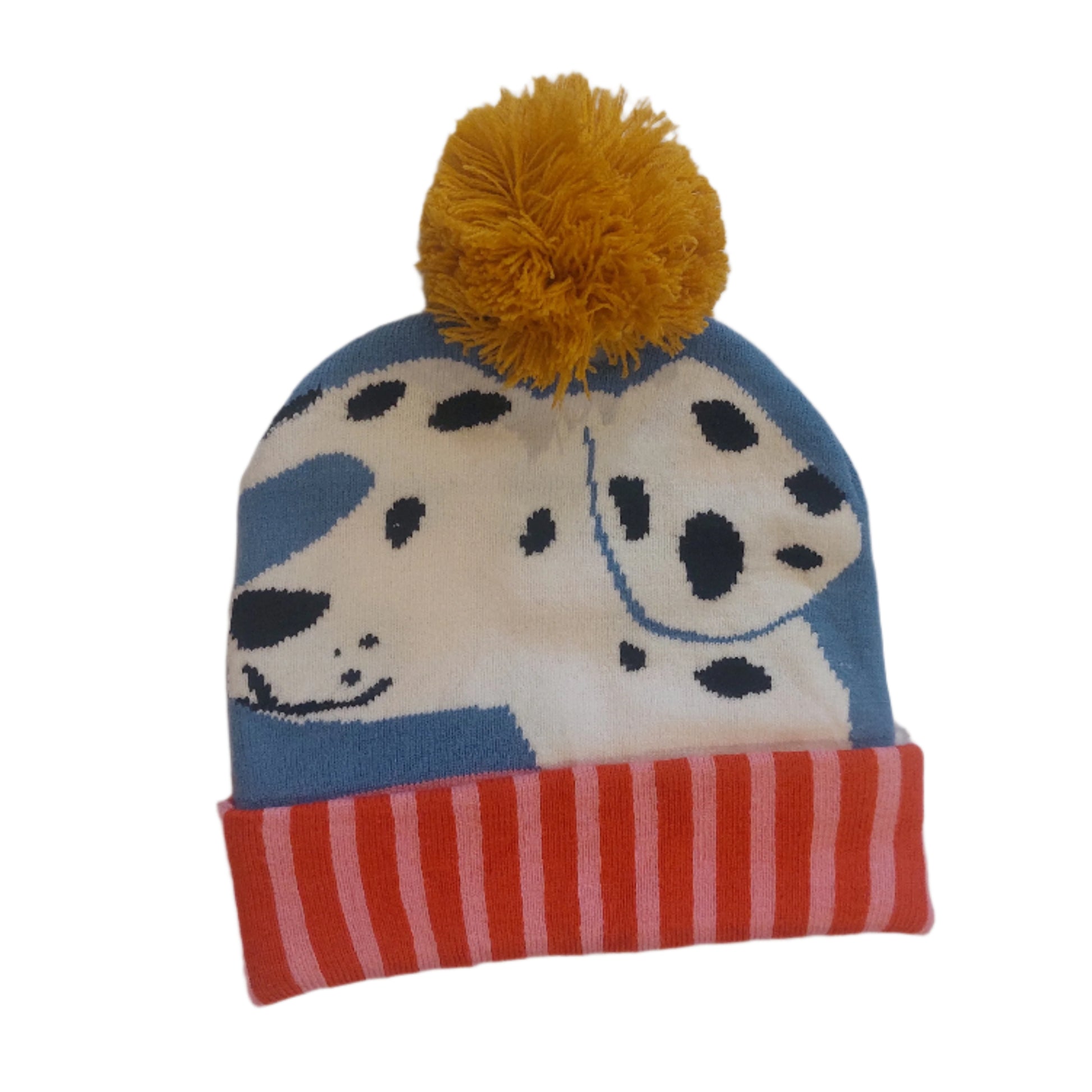 Children's beanie with a dalmatian design and red and yellow accents. CHILDREN'S DOG KNITTED HAT WITH POM-POM | POWELL CRAFT