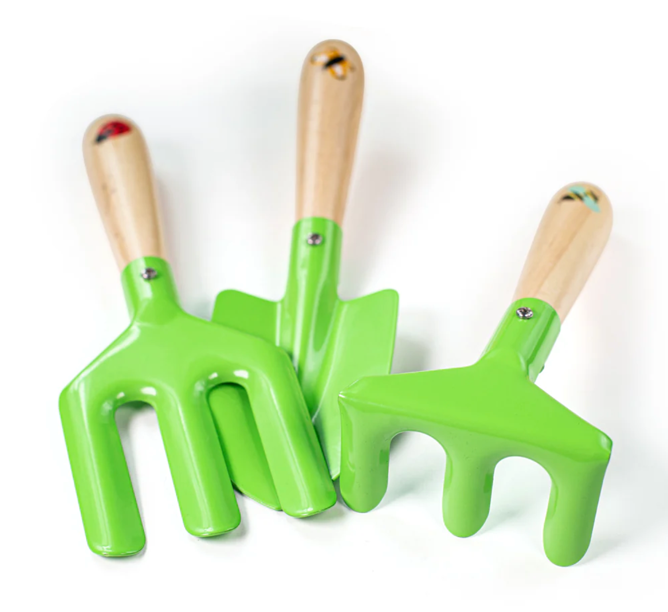Three green garden tools with wooden handles on a white background CHILDREN'S GARDENING CADDY WITH TOOLS | BIGJIGS