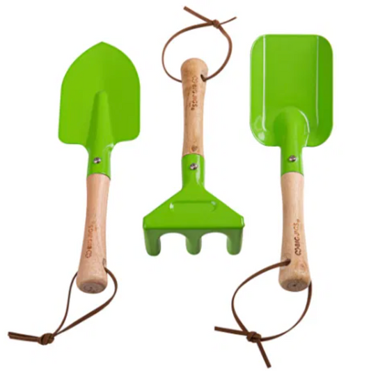 A set of three green gardening hand tools with wooden handles, including a trowel, fork, and rake, each with a brown string attached to the handle. CHILDREN'S GARDEN HAND TOOLS | BIGJIGS