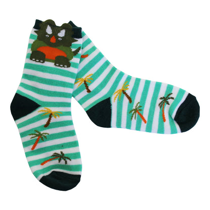 Pair of socks with green and white stripes and dinosaur design on a white background. CHILDREN'S GREEN DINOSAUR STRIPE SOCKS - 3 SIZES | POWELL CRAFT