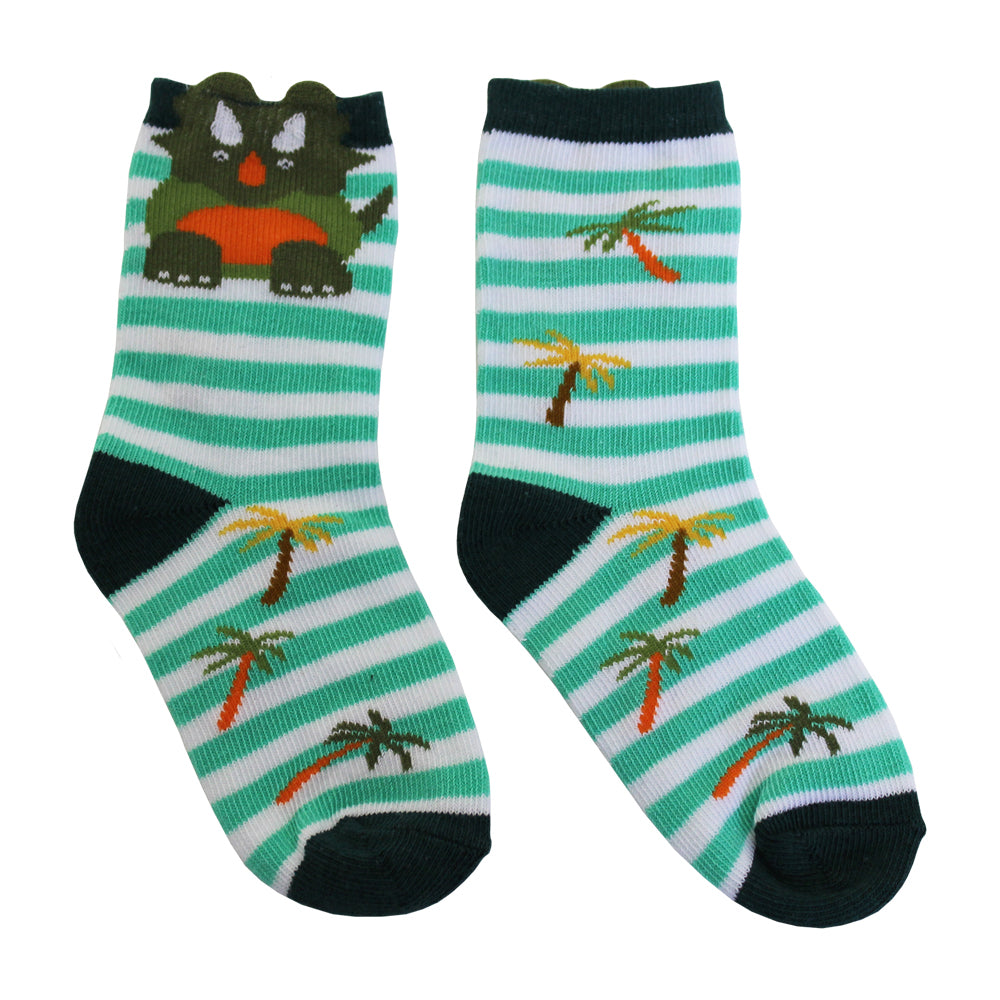 Pair of socks with dinosaur and palm tree pattern. CHILDREN'S GREEN DINOSAUR STRIPE SOCKS - 3 SIZES | POWELL CRAFT