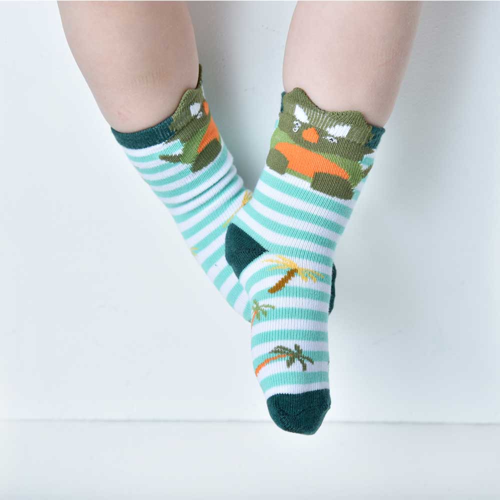 Children's socks with dinosaur design and striped pattern. CHILDREN'S GREEN DINOSAUR STRIPE SOCKS - 3 SIZES | POWELL CRAFT