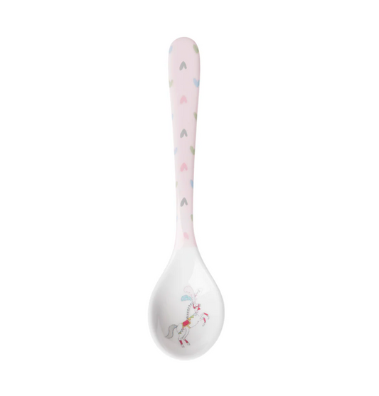 Spoon with unicorn design on a white background. CHILDREN'S MELAMINE BABY SPOON - FAIRGROUND PONIES | SOPHIE ALLPORT