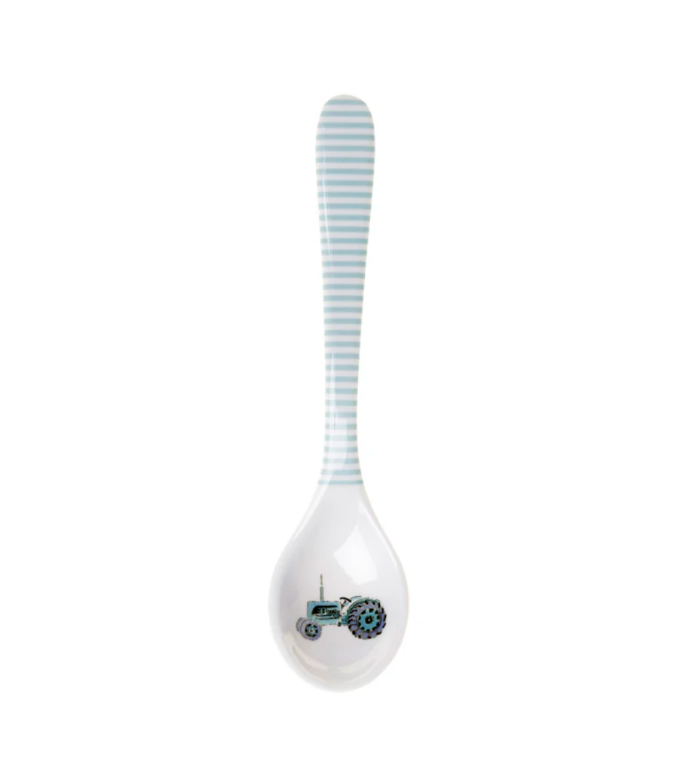 Spoon with striped handle and tractor design on a white background. CHILDREN'S MELAMINE BABY SPOON - ON THE FARM | SOPHIE ALLPORT