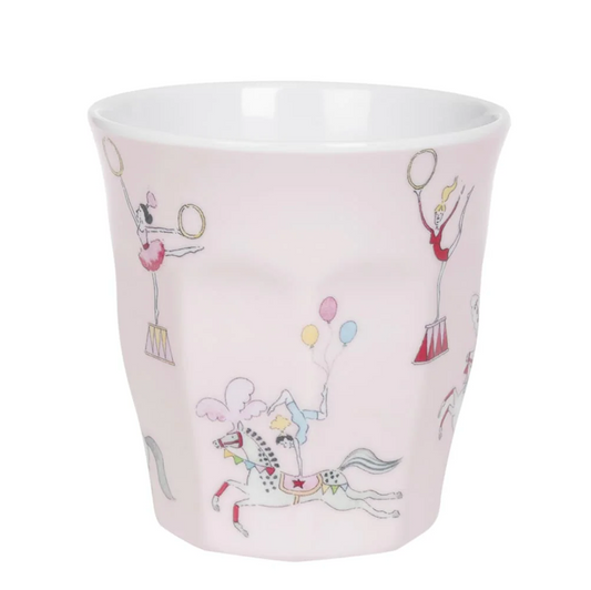 White mug with colorful illustrations of a horse, balloons, and people on a white background CHILDREN'S MELAMINE BEAKER - FAIRGROUND PONIES | SOPHIE ALLPORT