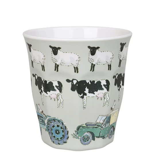 Ceramic cup with farm animal and vehicle design on a white background. CHILDREN'S MELAMINE BEAKER - ON THE FARM | SOPHIE ALLPORT