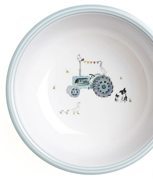 Round ceramic plate with a tractor and animal design. CHILDREN'S MELAMINE BOWL - ON THE FARM | SOPHIE ALLPORT