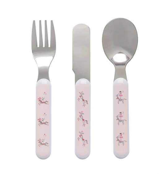 Set of children's cutlery with pink handles featuring animal illustrations on a white background. CHILDREN'S MELAMINE CUTLERY SET - FAIRGROUND PONIES | SOPHIE ALLPORT