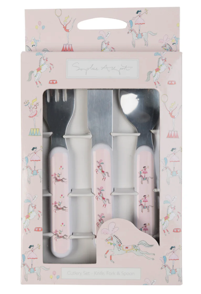 Set of cutlery in a decorative box with fairy design. CHILDREN'S MELAMINE CUTLERY SET - FAIRGROUND PONIES | SOPHIE ALLPORT