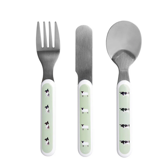 Set of cutlery with green handles featuring black patterns on a white background. CHILDREN'S MELAMINE CUTLERY SET - ON THE FARM | SOPHIE ALLPORT