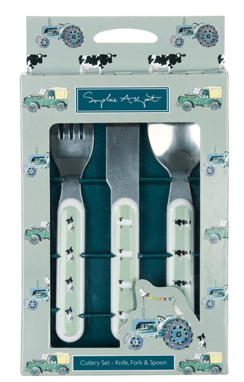 Packaged cutlery set with knife, fork, and spoon on a light gray background with vehicle illustrations. CHILDREN'S MELAMINE CUTLERY SET - ON THE FARM | SOPHIE ALLPORT