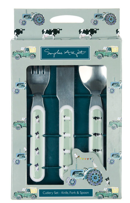 Packaged cutlery set with knife, fork, and spoon on a light gray background with vehicle illustrations. CHILDREN'S MELAMINE CUTLERY SET - ON THE FARM | SOPHIE ALLPORT