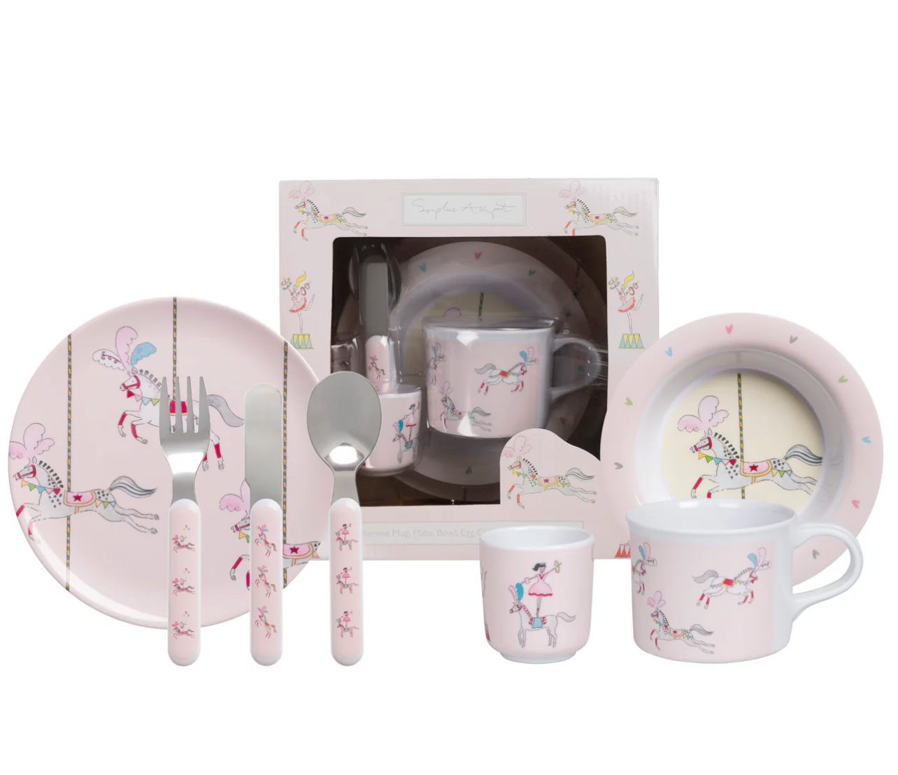 Children's ceramic tableware set with decorative elements on a white background CHILDREN'S MELAMINE DINING SET - FAIRGROUND PONIES | SOPHIE ALLPORT