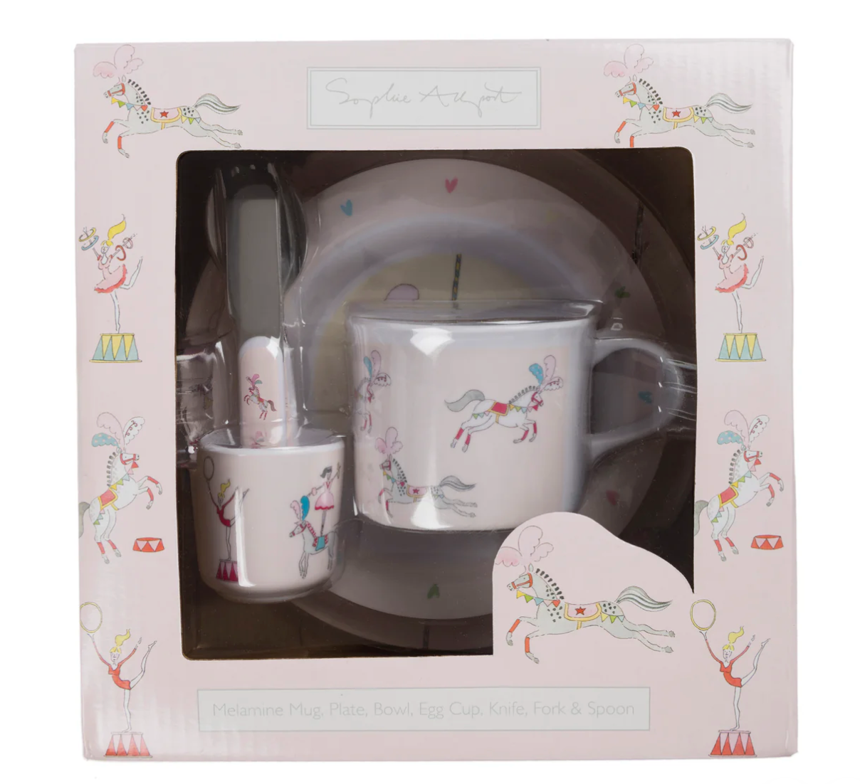 Children's ceramic tableware set with unicorn design in packaging. CHILDREN'S MELAMINE DINING SET - FAIRGROUND PONIES | SOPHIE ALLPORT