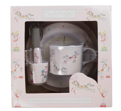Children's ceramic tableware set with unicorn design in packaging. CHILDREN'S MELAMINE DINING SET - FAIRGROUND PONIES | SOPHIE ALLPORT
