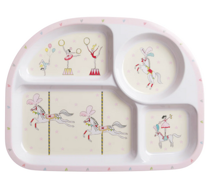Children's divided plate with carousel design. CHILDREN'S MELAMINE DIVIDER PLATE - FAIRGROUND PONIES | SOPHIE ALLPORT