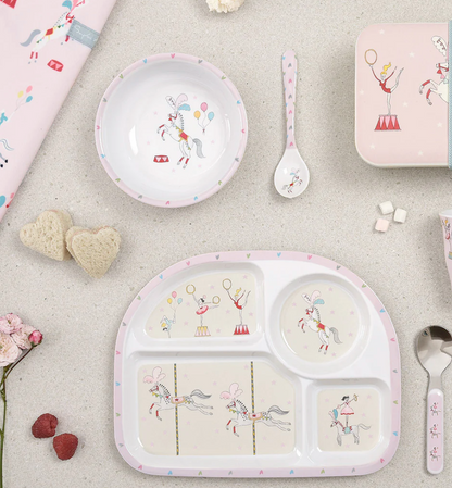 Children's tableware set with bowls, plates, and cutlery featuring cartoon characters on a light gray surface. CHILDREN'S MELAMINE DIVIDER PLATE - FAIRGROUND PONIES | SOPHIE ALLPORT