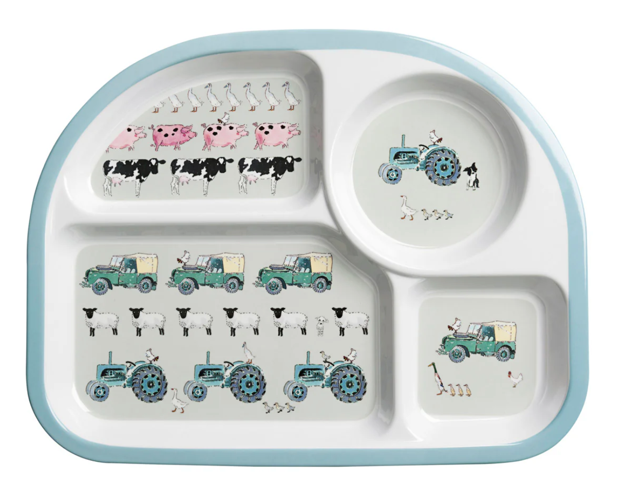 Children's divided plate with farm animal and tractor illustrations on a white background. CHILDREN'S MELAMINE DIVIDER PLATE - ON THE FARM | SOPHIE ALLPORT
