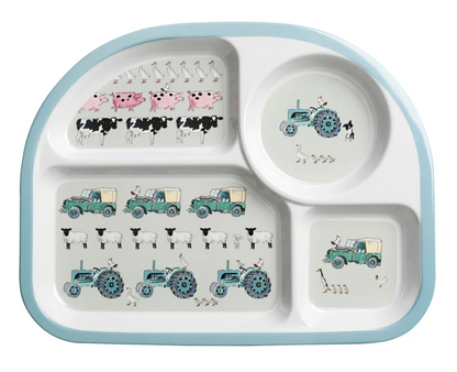 Children's divided plate with farm animal and tractor illustrations on a white background. CHILDREN'S MELAMINE DIVIDER PLATE - ON THE FARM | SOPHIE ALLPORT