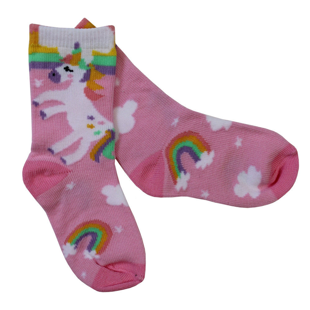 A pair of pink children's socks with a unicorn and rainbow pattern. CHILDREN'S PINK UNICORN & RAINBOW SOCKS - 3 SIZES | POWELL CRAFT