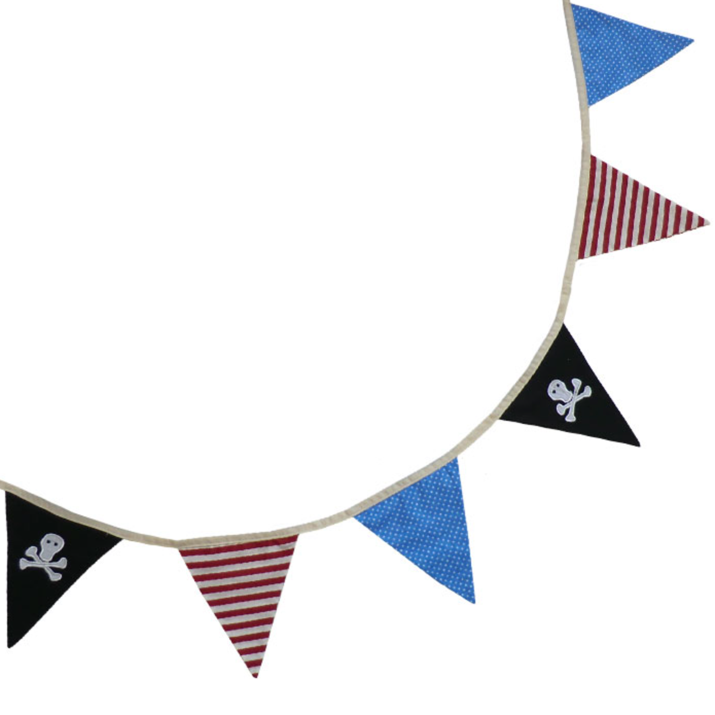 Pirate-themed triangle flags with skull and crossbones. CHILDREN'S PIRATE BUNTING FOR BEDROOMS & PARTIES | POWELL CRAFT