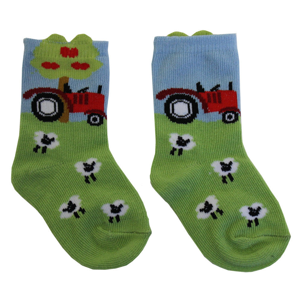 Children's socks with tractor and sheep design. CHILDREN'S TRACTOR & SHEEP SOCKS - 4 SIZES | POWELL CRAFT